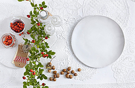 野玫瑰果,白色,盘子,上面,蕾丝桌布