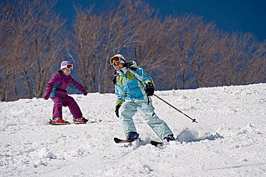 美国,佛蒙特州,两个,孩子,姐妹,滑雪