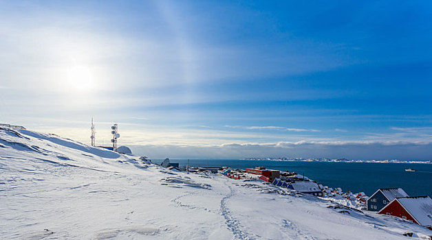北极,太阳光环,发光,上方,房子,峡湾,努克,城市,格陵兰