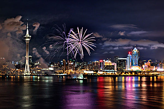 澳门,海面,夜景,灯光,烟花