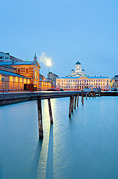 水岸,泛光灯照明,建筑,夜晚,赫尔辛基,芬兰