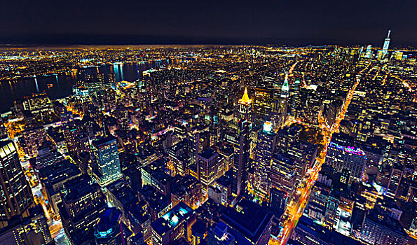 俯拍,城市,曼哈顿,金融区,一个,世界贸易中心,夜晚,纽约,美国