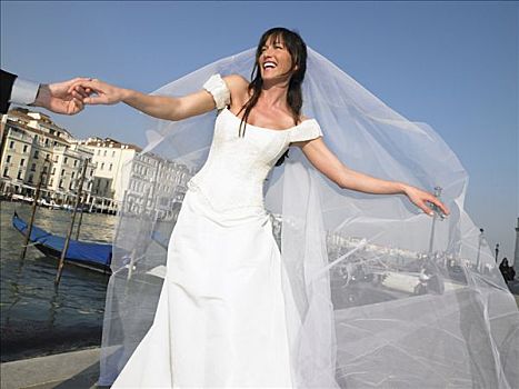 意大利,威尼斯,新娘,拿着,男人,手,微笑