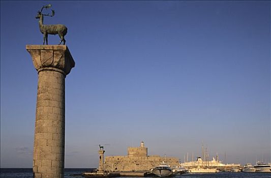 希腊,多德卡尼斯群岛,罗得斯,港口,柱子,雕塑,杜鹿,船