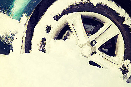 运输,冬天,交通工具,概念,特写,汽车,轮子,困住,雪中