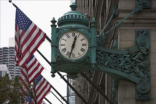 钟表,美国国旗,建筑,芝加哥,伊利诺斯,美国