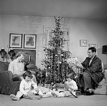 双子之家,打开,礼物,圣诞树
