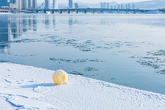 冰上金黄色浮球