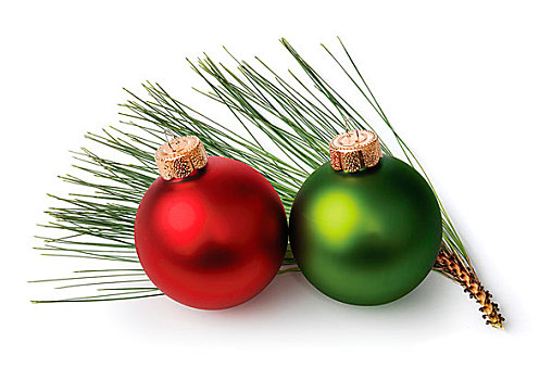 红色,绿色,圣诞装饰,正面,嫩枝,松针