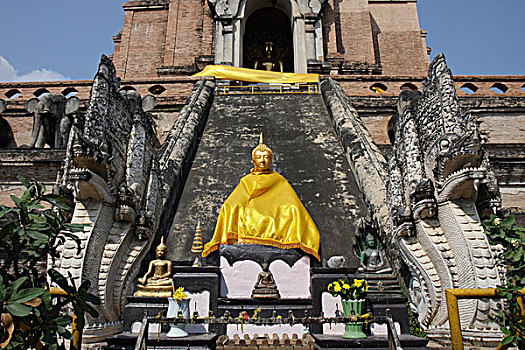 金色,雕塑,佛,长袍,蛇,正面,佛塔,寺院,契迪,清迈,泰国北方,泰国,亚洲