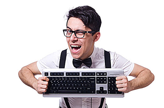 呆痴,黑客,电脑键盘,白色背景