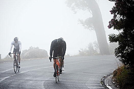 专注,男性,骑车,骑自行车,下雨,道路