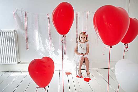 女孩,姿势,照相,摄影棚,围绕,红色,气球