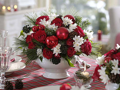 芳香,红色,白色,圣诞桌,装饰,玫瑰,水仙