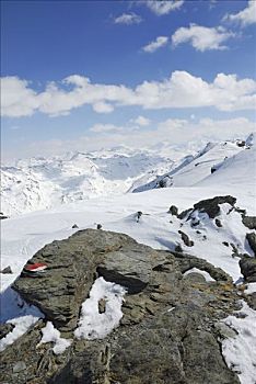 路线,变质,原始,石头,脚印,雪地,山峰,背影,男式礼服,提洛尔,奥地利