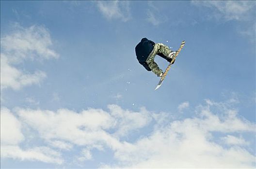 滑雪板玩家,跳跃,蓝色,多云