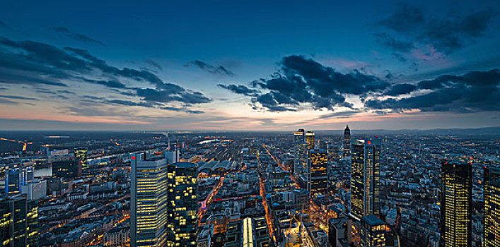 城市,黄昏,塔楼,摩天大楼,金融区,法兰克福,黑森州,德国,欧洲