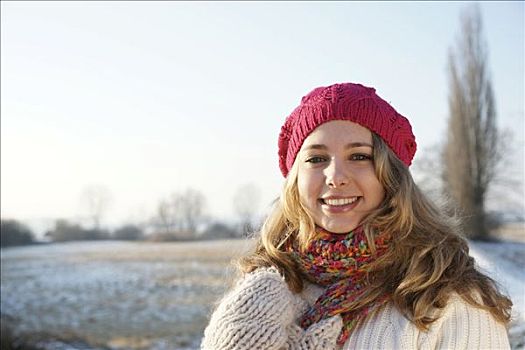 笑,女青年,戴着,帽子,手套,冬天,风景