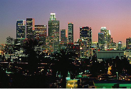 城市天际线,夜晚,洛杉矶,加利福尼亚,美国