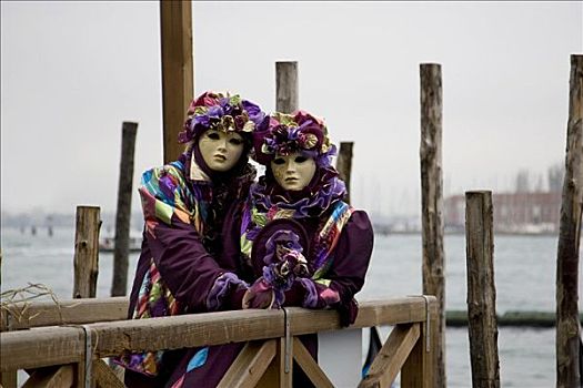 人,穿,紫色,服饰,面具,站立,码头,威尼斯,意大利