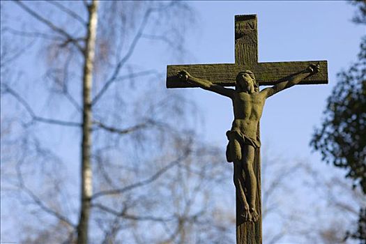 十字架,耶稣十字架,上方,墓碑,老,墓地,慕尼黑,巴伐利亚,德国