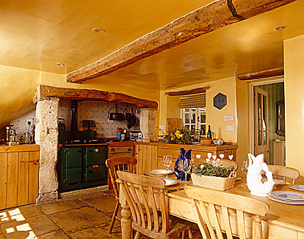 松树,桌子,椅子,中心,黄色,乡村风格,厨房