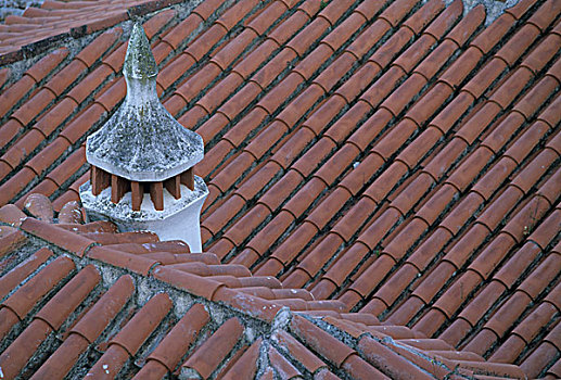 葡萄牙,奥比都斯,烟囱,红色,瓷砖,盖屋顶细节