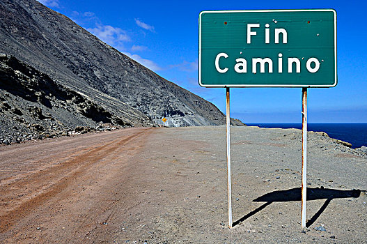 警告标识,结束,道路,岩石海岸,靠近,安托法加斯塔,区域,智利,南美