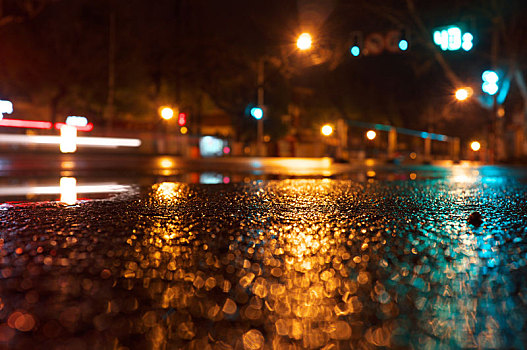 江苏,南京,街头,夜色,灯光,树影,影子,水,雨后,路面,孤独