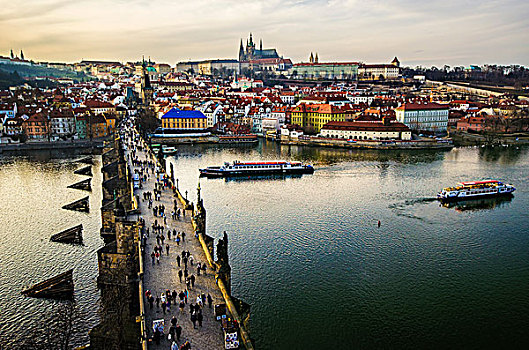 历史,14世纪,查理大桥,布拉格,俯视,河