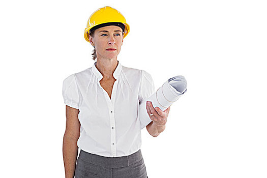 严肃,女性,建筑师,拿着,安全帽