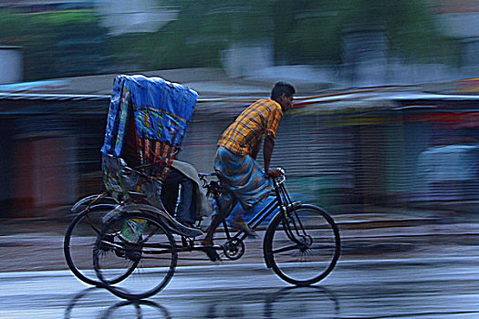 人力车,道路,季风,淋浴,达卡,孟加拉,七月,2007年