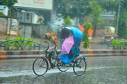 人力车,乘客,季风,阵雨,达卡,孟加拉,七月,2007年