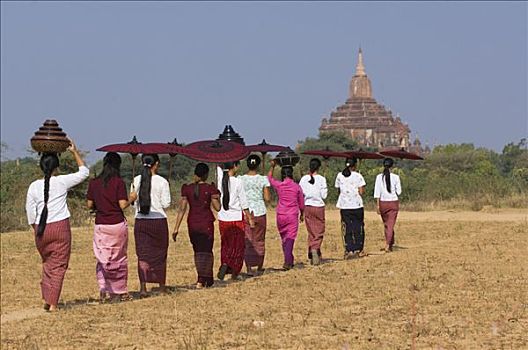 年轻,缅甸,女人,伞,地点,靠近,塔,蒲甘