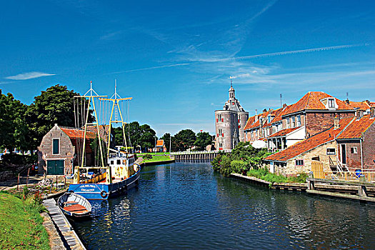 荷兰,经典,船,运河,塔,背景