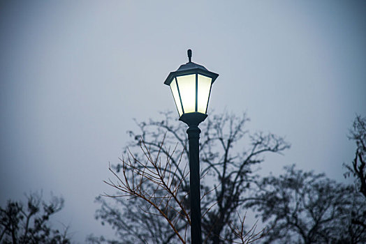 冬季户外一盏点亮的路灯