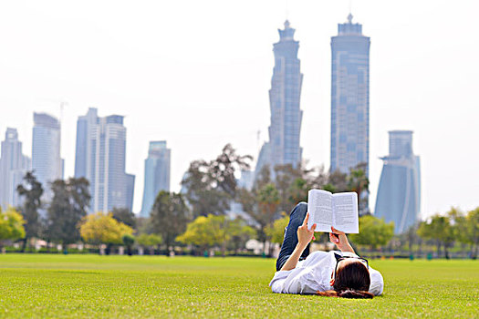 年轻,学生,女人,读,书本,学习,公园