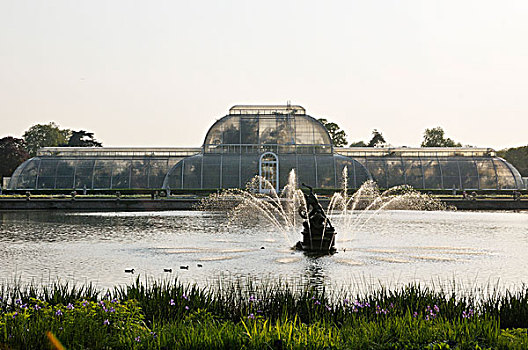 喷泉,正面,棕榈室,皇家植物园,伦敦,英格兰