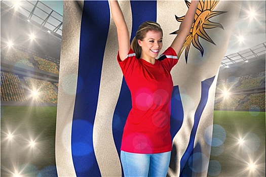 欢呼,球迷,红色,拿着,乌拉圭,旗帜,大,足球场