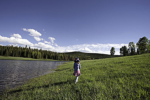 女孩,草,靠近,高山湖,后视图,橡木溪,科罗拉多,美国