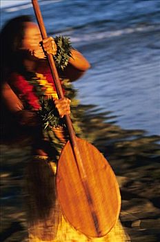 夏威夷,特写,草裙舞,女孩,拿着,木质,划船,模糊背景