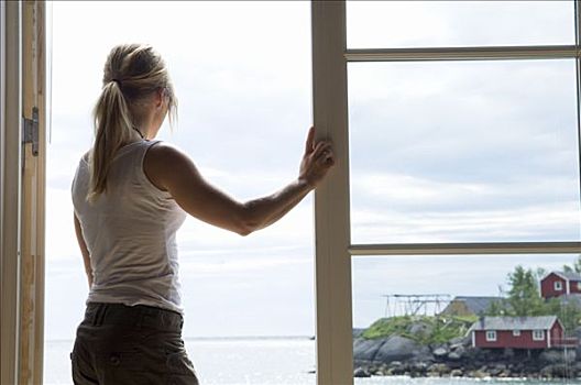 女人,赞赏,风景,罗浮敦群岛,挪威