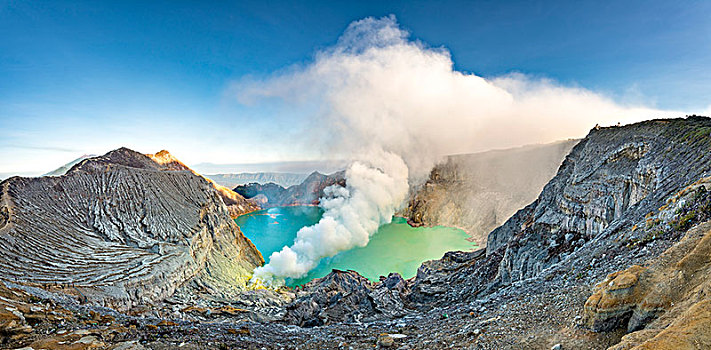 火山,火山口,火山湖,蒸汽,晨光,印度尼西亚,亚洲
