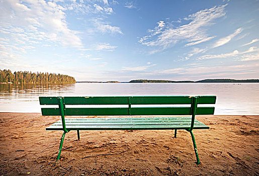 绿色,木制长椅,正面,湖,海岸