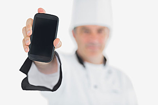 男性,厨师,展示,智能手机,白色背景