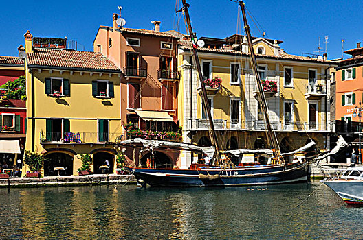 老,帆船,港口,马尔切斯内,加尔达湖,威尼托,威尼西亚,意大利,欧洲