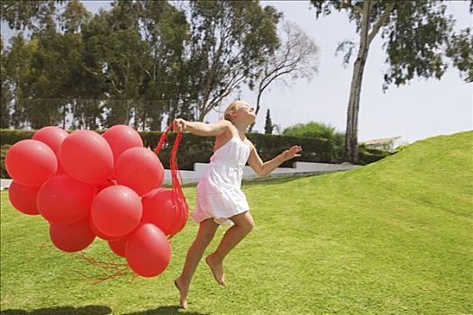女孩,跳跃,红色,气球