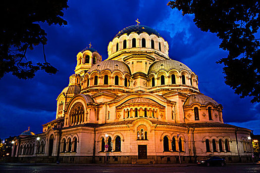 亚历山大涅夫斯基大教,夜晚,索非亚,保加利亚