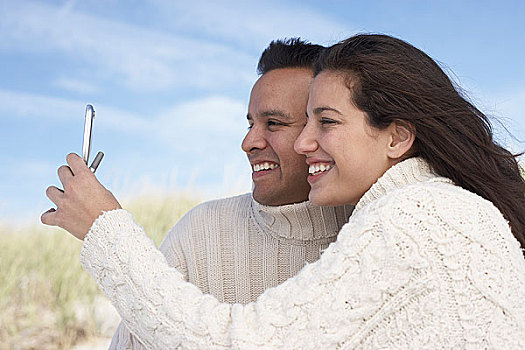 伴侣,照相,手机,海滩