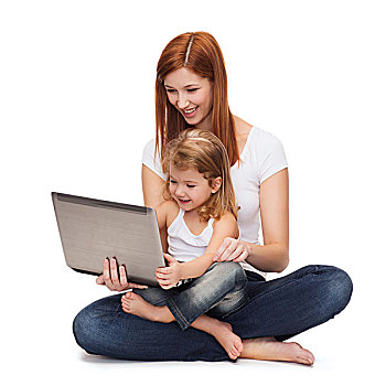 孩子,亲情,科技,概念,高兴,母亲,可爱,小女孩,笔记本电脑